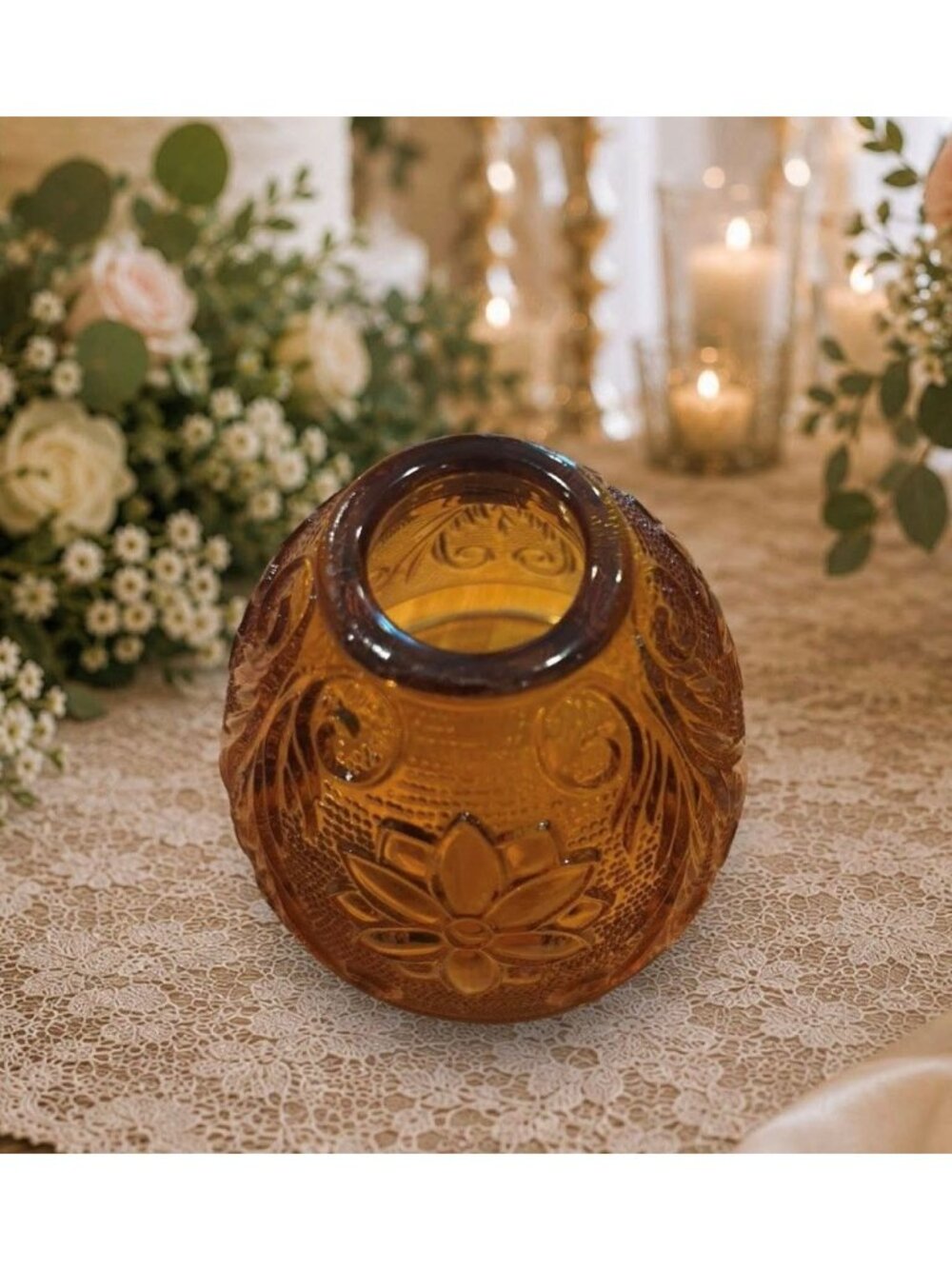 Vintage Amber Fairy Lamp by Tiara Exclusives | Indiana Glass Floral Candle Holde - Picture 3 of 5